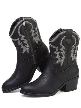 Women's Black Pu Leather Cowgirl Boots Womens Fashion Tall Boots for Ladies